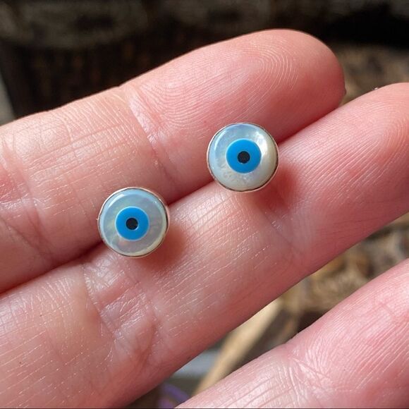 Evil Eye Shell And Turquoise solid Sterling Silver Stud Earrings - Picture 5 of 7